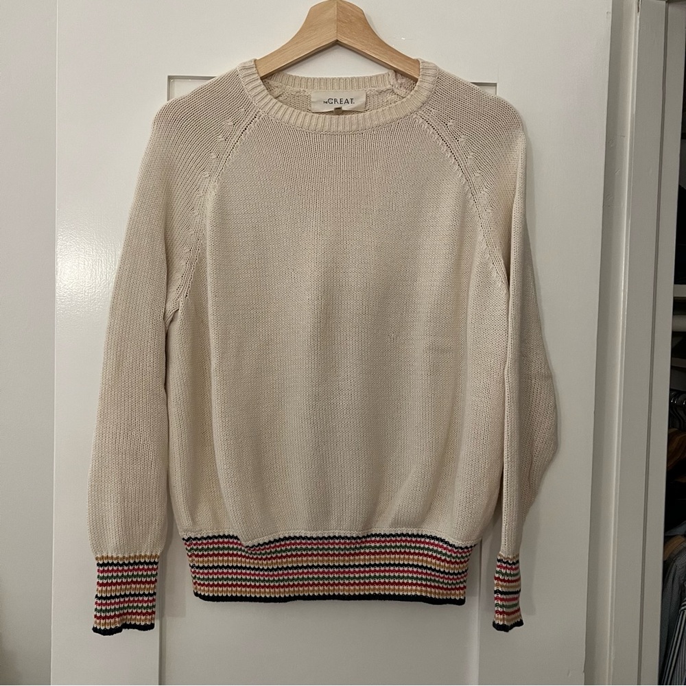 The Great Cotton Crewneck Sweater in Cream with Rainbow Stripes